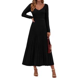 imagePRETTYGARDEN Women Sweater Dress Fall Fashion 2025 Long Sleeve V Neck Ribbed Knit Pleated A Line Elegant Maxi Winter DressesBlack