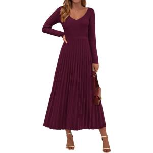 imagePRETTYGARDEN Women Sweater Dress Fall Fashion 2025 Long Sleeve V Neck Ribbed Knit Pleated A Line Elegant Maxi Winter DressesBurgundy