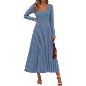 imagePRETTYGARDEN Women Sweater Dress Fall Fashion 2025 Long Sleeve V Neck Ribbed Knit Pleated A Line Elegant Maxi Winter DressesDusty Blue