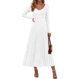 imagePRETTYGARDEN Women Sweater Dress Fall Fashion 2025 Long Sleeve V Neck Ribbed Knit Pleated A Line Elegant Maxi Winter DressesWhite