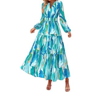 imagePRETTYGARDEN Womens 2025 Fall Boho Maxi Dresses Floral Long Sleeve V Neck Flowy Elegant Wedding Guest Dress Vacation OutfitsBlue