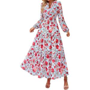 imagePRETTYGARDEN Womens 2025 Fall Boho Maxi Dresses Floral Long Sleeve V Neck Flowy Elegant Wedding Guest Dress Vacation OutfitsFloral Blue Red
