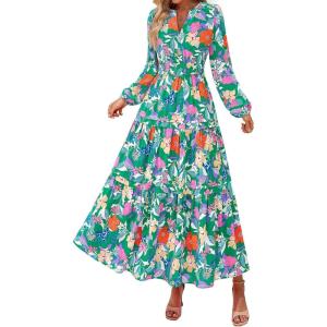 imagePRETTYGARDEN Womens 2025 Fall Boho Maxi Dresses Floral Long Sleeve V Neck Flowy Elegant Wedding Guest Dress Vacation OutfitsFloral Green Orange