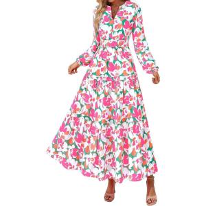 imagePRETTYGARDEN Womens 2025 Fall Boho Maxi Dresses Floral Long Sleeve V Neck Flowy Elegant Wedding Guest Dress Vacation OutfitsFloral Green Pink
