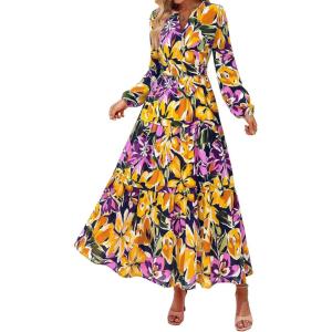 imagePRETTYGARDEN Womens 2025 Fall Boho Maxi Dresses Floral Long Sleeve V Neck Flowy Elegant Wedding Guest Dress Vacation OutfitsFloral Navy Yellow