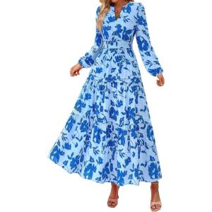 imagePRETTYGARDEN Womens 2025 Fall Boho Maxi Dresses Floral Long Sleeve V Neck Flowy Elegant Wedding Guest Dress Vacation OutfitsSky Blue