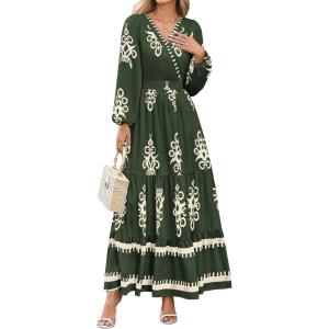 imagePRETTYGARDEN Womens 2025 Fall Wedding Guest Dresses Boho Floral Long Sleeve V Neck Flowy Elegant Maxi Dress Beach ClothesFloral Army Green Apricot