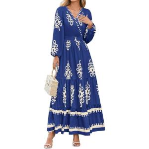 imagePRETTYGARDEN Womens 2025 Fall Wedding Guest Dresses Boho Floral Long Sleeve V Neck Flowy Elegant Maxi Dress Beach ClothesFloral Navy Apricot
