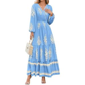 imagePRETTYGARDEN Womens 2025 Fall Wedding Guest Dresses Boho Floral Long Sleeve V Neck Flowy Elegant Maxi Dress Beach ClothesFloral Sky Blue Apricot