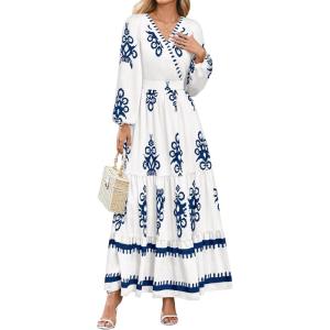 imagePRETTYGARDEN Womens 2025 Fall Wedding Guest Dresses Boho Floral Long Sleeve V Neck Flowy Elegant Maxi Dress Beach ClothesFloral White Blue