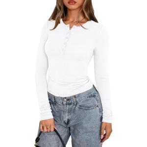 imagePRETTYGARDEN Womens Casual Long Sleeve Tops 2025 Fall Crew Neck Fitted Henley Shirts Basic Tee Blouse Knit Going Out OutfitsWhite