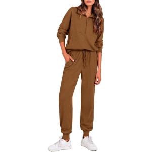 imagePRETTYGARDEN Womens Fall 2 Piece Lounge Sets Zip Up Sweatshirt Jogger Pants Sweat Track Suits Travel Outfit Winter ClothingBrown