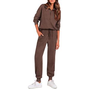 imagePRETTYGARDEN Womens Fall 2 Piece Lounge Sets Zip Up Sweatshirt Jogger Pants Sweat Track Suits Travel Outfit Winter ClothingCoffee