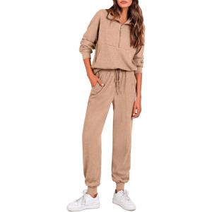 imagePRETTYGARDEN Womens Fall 2 Piece Lounge Sets Zip Up Sweatshirt Jogger Pants Sweat Track Suits Travel Outfit Winter ClothingKhaki