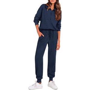 imagePRETTYGARDEN Womens Fall 2 Piece Lounge Sets Zip Up Sweatshirt Jogger Pants Sweat Track Suits Travel Outfit Winter ClothingNavy