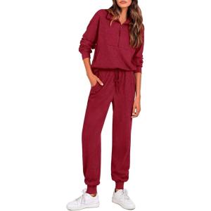 imagePRETTYGARDEN Womens Fall 2 Piece Lounge Sets Zip Up Sweatshirt Jogger Pants Sweat Track Suits Travel Outfit Winter ClothingWine Red