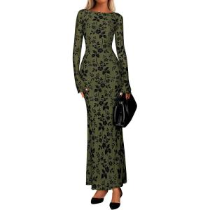 imagePRETTYGARDEN Womens Floral Bodycon Maxi Dress 2025 Fall Elegant Mesh Long Sleeve Formal Wedding Guest Cocktail DressesArmy Green