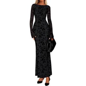 imagePRETTYGARDEN Womens Floral Bodycon Maxi Dress 2025 Fall Elegant Mesh Long Sleeve Formal Wedding Guest Cocktail DressesBlack