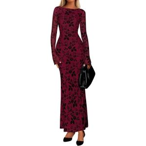 imagePRETTYGARDEN Womens Floral Bodycon Maxi Dress 2025 Fall Elegant Mesh Long Sleeve Formal Wedding Guest Cocktail DressesBurgundy