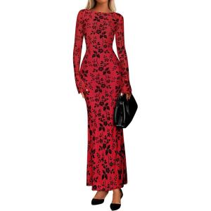 imagePRETTYGARDEN Womens Floral Bodycon Maxi Dress 2025 Fall Elegant Mesh Long Sleeve Formal Wedding Guest Cocktail DressesRed