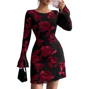 imagePRETTYGARDEN Womens Floral Embroidered Dress 2025 Fall Long Bell Sleeve Ribbon Flower Mini Short Mesh Bodycon Party DressesFloral Black Red