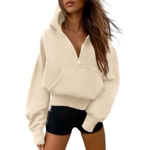 imagePRETTYGARDEN Womens Half Zip Up Hoodies 2025 Fall Long Sleeve Cropped Pullover Oversized Sweatshirt Fashion Y2K ClothesBeige