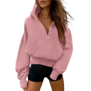imagePRETTYGARDEN Womens Half Zip Up Hoodies 2025 Fall Long Sleeve Cropped Pullover Oversized Sweatshirt Fashion Y2K ClothesPink