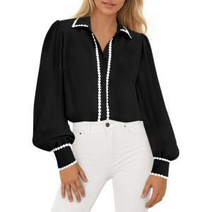 imagePRETTYGARDEN Womens Long Sleeve Button Down Shirts 2025 Trendy V Neck Loose Fit Fall Tops Collared Dressy Casual BlousesBlack