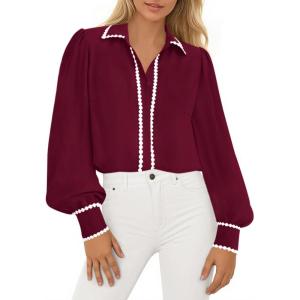 imagePRETTYGARDEN Womens Long Sleeve Button Down Shirts 2025 Trendy V Neck Loose Fit Fall Tops Collared Dressy Casual BlousesWine Red