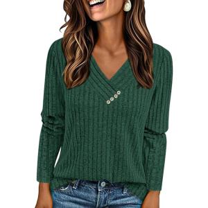 imagePRETTYGARDEN Womens Long Sleeve Shirts 2025 Fall Fashion Clothes Casual Ribbed V Neck Loose Tunic Tops Lightweight SweatersDark Green