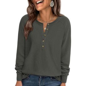 imagePRETTYGARDEN Womens Long Sleeve Waffle Knit Shirts 2025 Fall Casual Button Up Henley V Neck Tunic Tops Loose Fit Basic TeesArmy Green