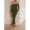 imagePRETTYGARDEN Womens 2025 Fall Long Sleeve Maxi Dress Off Shoulder Mesh Ruched Bodycon Trendy Long Wedding Guest DressesArmy Green