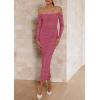 imagePRETTYGARDEN Womens 2025 Fall Long Sleeve Maxi Dress Off Shoulder Mesh Ruched Bodycon Trendy Long Wedding Guest DressesDark Pink