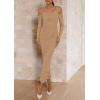 imagePRETTYGARDEN Womens 2025 Fall Long Sleeve Maxi Dress Off Shoulder Mesh Ruched Bodycon Trendy Long Wedding Guest DressesKhaki