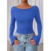 imagePRETTYGARDEN Womens Long Sleeve Shirts 2025 Fall Crop Going Out Tops Casual Boat Neck Bell Sleeve Ribbed Ruched Y2K ClothesBlue