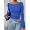 imagePRETTYGARDEN Womens Long Sleeve Shirts 2025 Fall Crop Going Out Tops Casual Boat Neck Bell Sleeve Ribbed Ruched Y2K ClothesBlue