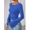 imagePRETTYGARDEN Womens Long Sleeve Shirts 2025 Fall Crop Going Out Tops Casual Boat Neck Bell Sleeve Ribbed Ruched Y2K ClothesBlue