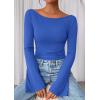 imagePRETTYGARDEN Womens Long Sleeve Shirts 2025 Fall Crop Going Out Tops Casual Boat Neck Bell Sleeve Ribbed Ruched Y2K ClothesBlue