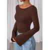 imagePRETTYGARDEN Womens Long Sleeve Shirts 2025 Fall Crop Going Out Tops Casual Boat Neck Bell Sleeve Ribbed Ruched Y2K ClothesBrown