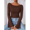 imagePRETTYGARDEN Womens Long Sleeve Shirts 2025 Fall Crop Going Out Tops Casual Boat Neck Bell Sleeve Ribbed Ruched Y2K ClothesBrown