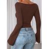 imagePRETTYGARDEN Womens Long Sleeve Shirts 2025 Fall Crop Going Out Tops Casual Boat Neck Bell Sleeve Ribbed Ruched Y2K ClothesBrown