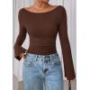 imagePRETTYGARDEN Womens Long Sleeve Shirts 2025 Fall Crop Going Out Tops Casual Boat Neck Bell Sleeve Ribbed Ruched Y2K ClothesBrown