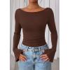 imagePRETTYGARDEN Womens Long Sleeve Shirts 2025 Fall Crop Going Out Tops Casual Boat Neck Bell Sleeve Ribbed Ruched Y2K ClothesBrown