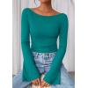 imagePRETTYGARDEN Womens Long Sleeve Shirts 2025 Fall Crop Going Out Tops Casual Boat Neck Bell Sleeve Ribbed Ruched Y2K ClothesDark Cyan