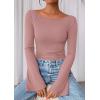 imagePRETTYGARDEN Womens Long Sleeve Shirts 2025 Fall Crop Going Out Tops Casual Boat Neck Bell Sleeve Ribbed Ruched Y2K ClothesDusty Pink