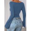 imagePRETTYGARDEN Womens Long Sleeve Shirts 2025 Fall Crop Going Out Tops Casual Boat Neck Bell Sleeve Ribbed Ruched Y2K ClothesGrey Blue