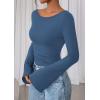 imagePRETTYGARDEN Womens Long Sleeve Shirts 2025 Fall Crop Going Out Tops Casual Boat Neck Bell Sleeve Ribbed Ruched Y2K ClothesGrey Blue