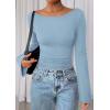 imagePRETTYGARDEN Womens Long Sleeve Shirts 2025 Fall Crop Going Out Tops Casual Boat Neck Bell Sleeve Ribbed Ruched Y2K ClothesLight Blue