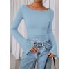 imagePRETTYGARDEN Womens Long Sleeve Shirts 2025 Fall Crop Going Out Tops Casual Boat Neck Bell Sleeve Ribbed Ruched Y2K ClothesLight Blue