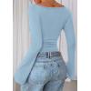 imagePRETTYGARDEN Womens Long Sleeve Shirts 2025 Fall Crop Going Out Tops Casual Boat Neck Bell Sleeve Ribbed Ruched Y2K ClothesLight Blue